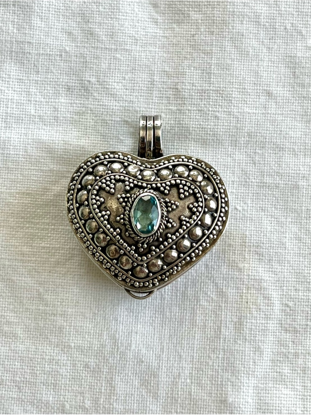 Sterling Silver Heart Locket Pendant with Aquamarine Stone
